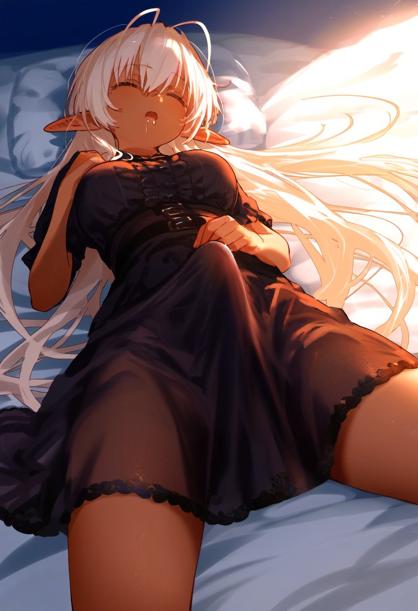 1futa ai_generated bed big_breasts black_negligee breasts closed_eyes closed_eyes clothed dark-skinned_futanari dark_elf dark_skin dickgirl doseogwan drooling elf_ears erect_penis erect_while_sleeping erection erection_under_clothes full_metal_daemon:_muramasa futa_only futanari hair_spread_out hand_on_belly hand_on_own_chest head_on_pillow indoors large_penis legs_together long_hair lying lying_on_back lying_on_bed nightgown nightwear open_mouth penis penis_visible_through_clothing pillow pointy_ears saliva sansei_muramasa sleeping solo solo_futa soukou_akki_muramasa sunlight sunrise thighs visible_penis_shape white_hair window