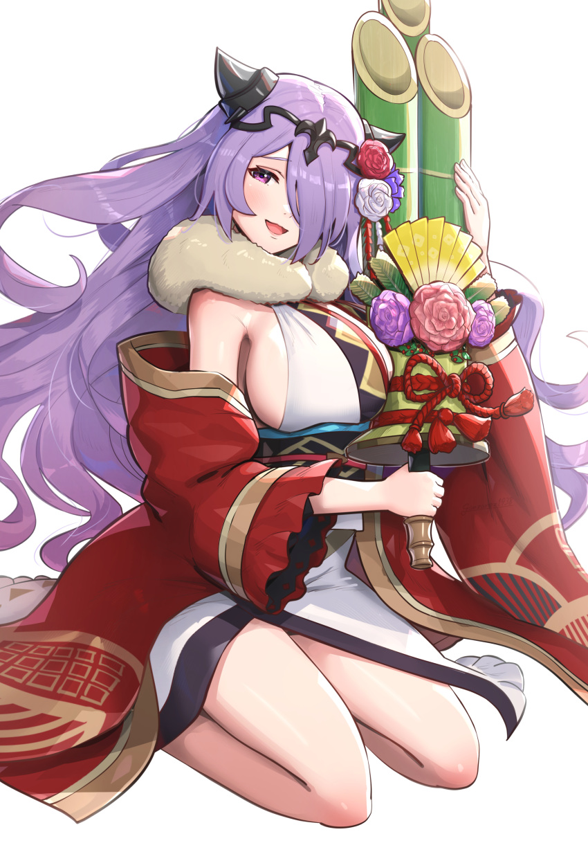 1girls :d absurdres alternate_costume breasts camilla_(fire_emblem) camilla_(new_year)_(fire_emblem) cleavage female female_only fire_emblem fire_emblem_fates fire_emblem_heroes flower gonzarez hair_flower hair_ornament hair_over_one_eye highres huge_breasts huge_sleeves japanese_clothes kadomatsu kimono kneeling long_hair long_sleeves looking_at_viewer new_year nintendo obi official_alternate_costume pink_eyes purple_hair sash sideboob simple_background smile solo tabi thighs tiara wavy_hair white_background