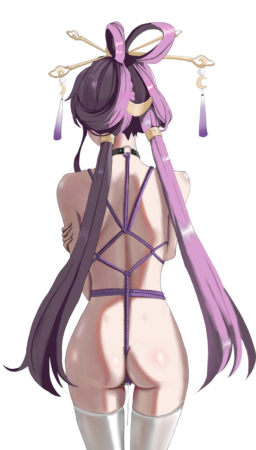 absurdres ass bondage bondage bondage bound bow-shaped_hair choker commentary_request crescent crescent_hair_ornament crotch_rope female fu_xuan_(honkai:_star_rail) hair_ornament hair_rings hair_stick highres honkai:_star_rail honkai_(series) long_hair low_twintails nude o-ring o-ring_choker purple_hair purple_rope purple_tassel pussy_juice rope shiny_skin solo standing tassel tassel_hair_ornament thighhighs twintails white_thighhighs yi_yanhua_er_qing