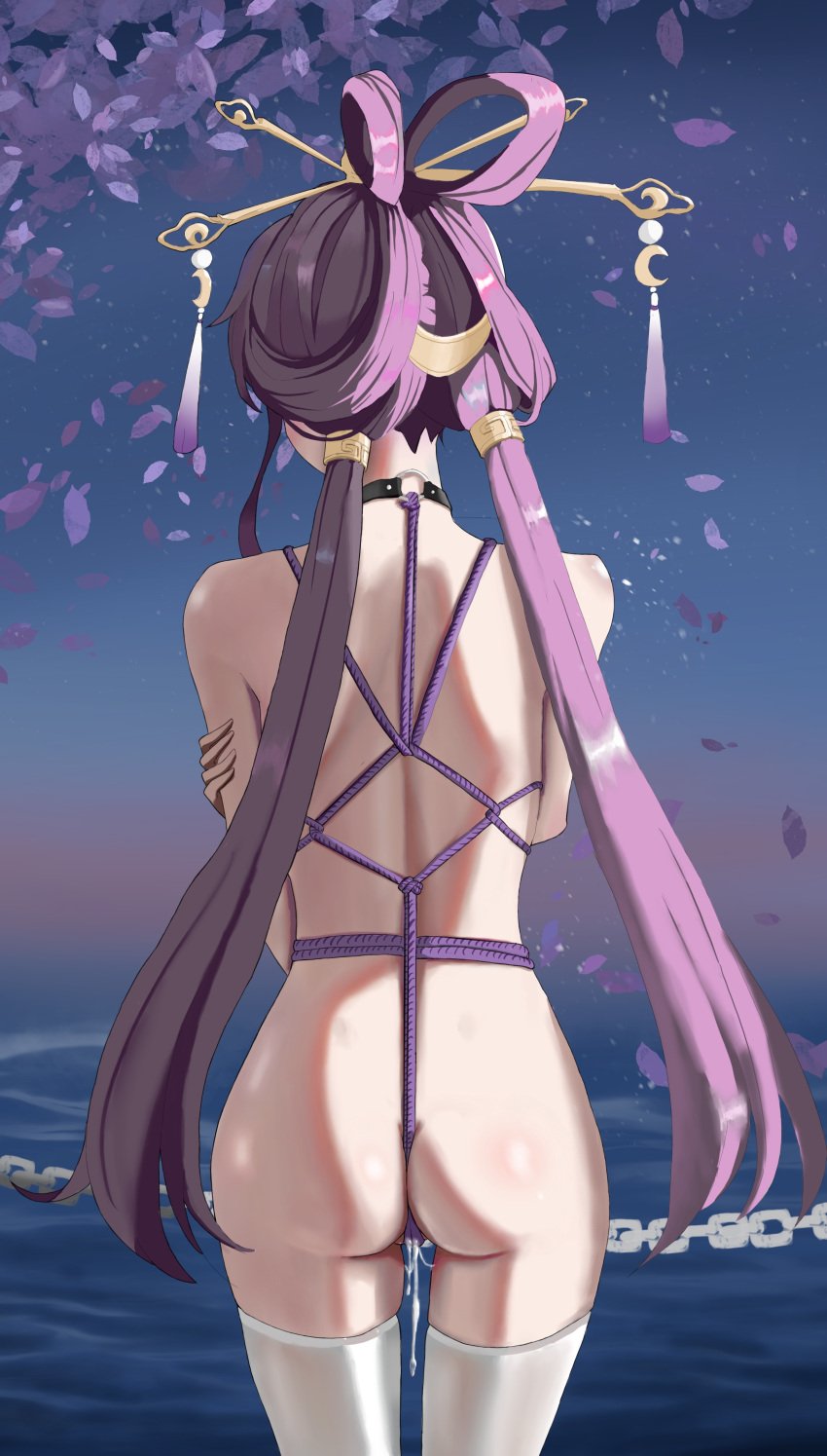 absurdres ass bondage bondage bondage bound bow-shaped_hair chains choker commentary_request crescent crescent_hair_ornament crotch_rope evening falling_leaves female fu_xuan_(honkai:_star_rail) hair_ornament hair_rings hair_stick highres honkai:_star_rail honkai_(series) leaf long_hair low_twintails nude o-ring o-ring_choker ocean purple_hair purple_leaves purple_rope purple_tassel pussy_juice rope shiny_skin solo standing tassel tassel_hair_ornament thighhighs twintails white_thighhighs yi_yanhua_er_qing