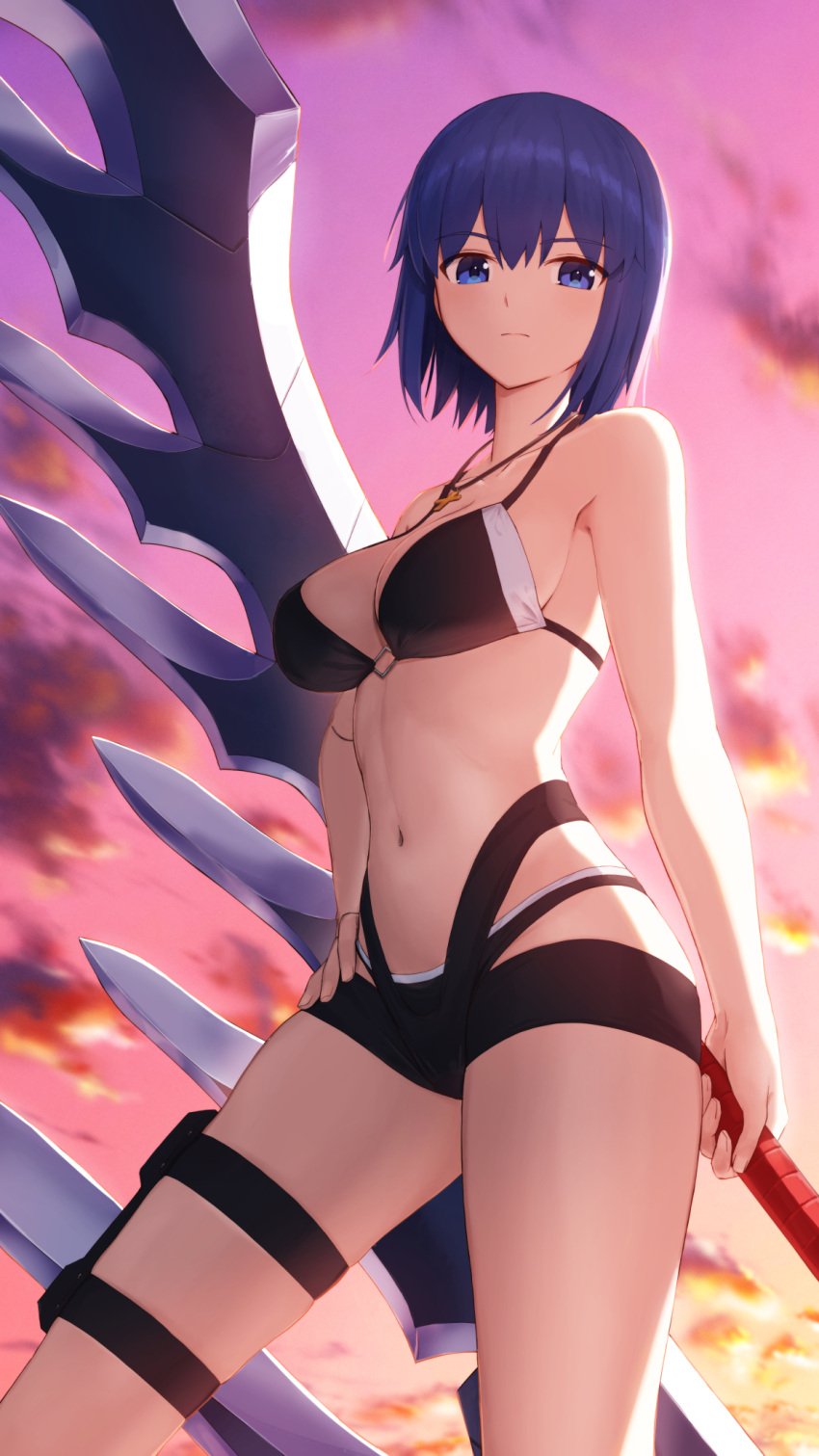 ahoge bare_shoulders bikini black_bikini blue_eyes blue_hair breasts c.i.e.l_(fate) ciel_(tsukihime) cross cross_necklace fate/grand_order fate_(series) female gradient_sky highres jewelry kamo_ashi large_breasts looking_at_viewer navel necklace orange_sky pink_sky short_hair sky solo swimsuit sword thighs tsukihime twilight weapon