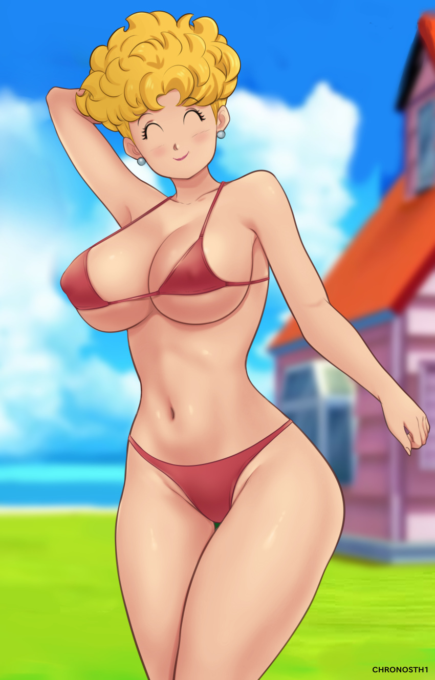 1girls absurd_res arm_behind_head arm_up big_breasts bikini blonde_hair blurry_background blush breasts closed_eyes deviantart dragon_ball dragon_ball_z earrings fanbox_reward female female_only front_view gummslime gumroad hi_res human light-skinned_female light_skin midriff navel outdoors panchy panchy_(dragon_ball) panchy_briefs patreon red_bikini smile solo swimsuit tagme thick_thighs wide_hips