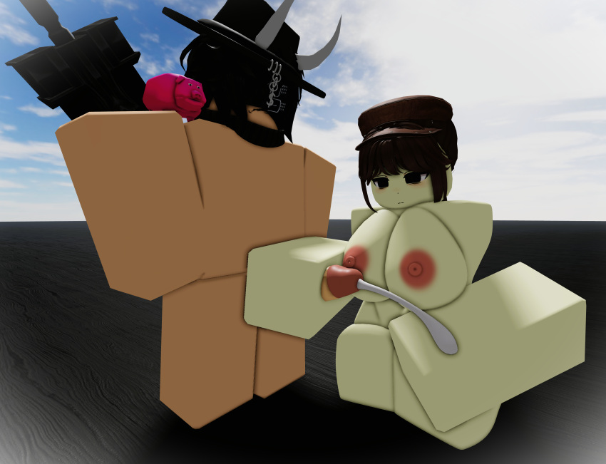 1boy 1girls 3d big_ass big_breasts big_penis black_hair brown_hat cumming cumming_outside handjob kneeling looking_at_penis patatrr34 request requested roblox robloxian self_upload sex standing tagme