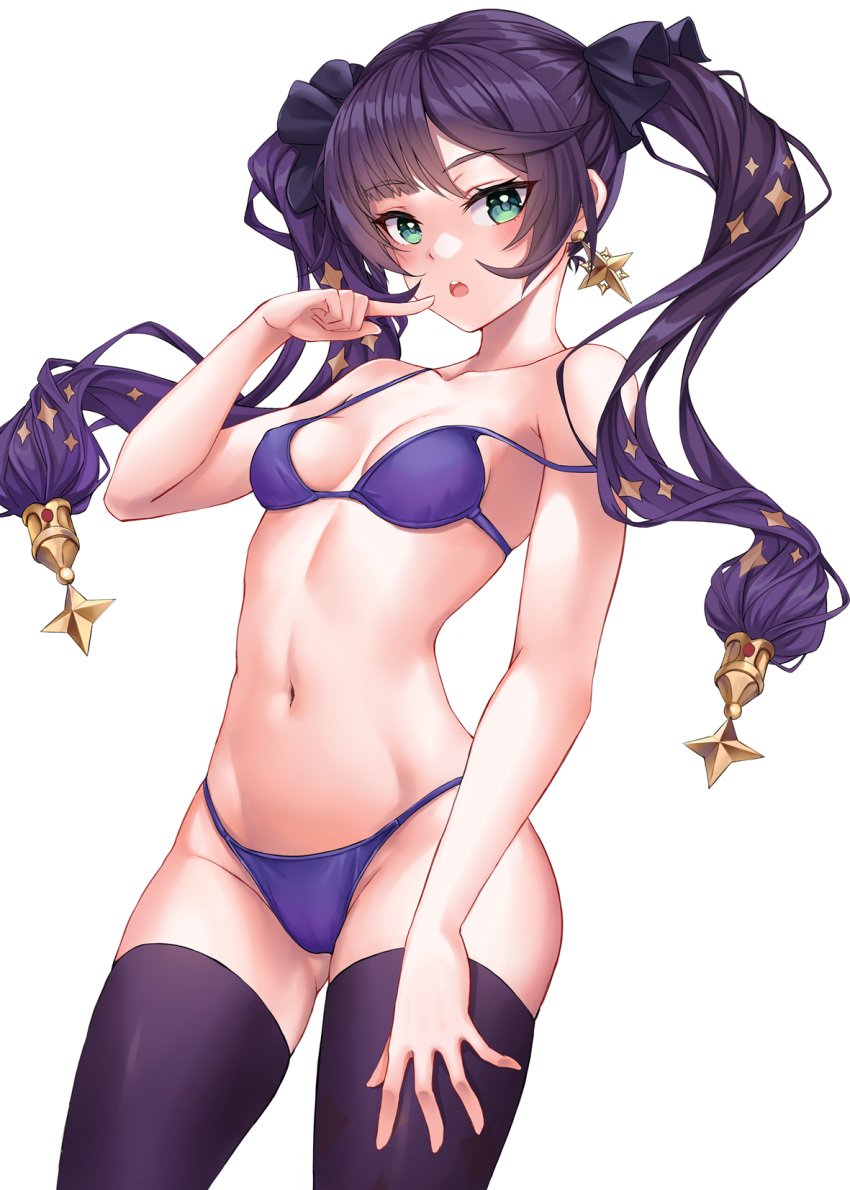 :o accessory arm_up ass_visible_through_thighs bangs bare_arms bare_shoulders bikini black_legwear blush breasts cleavage collarbone cowboy_shot earrings eyebrows_visible_through_hair female female_only genshin_impact green_eyes groin highres jewelry long_hair looking_at_viewer mihoyo mona_(genshin_impact) n15e navel open_mouth pointing pointing_at_self purple_bikini purple_hair simple_background small_breasts solid_color_background solo stomach strap_slip swimsuit thighhighs twintails very_long_hair white_background