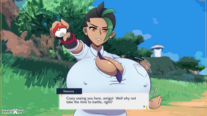 1girls alternate_breast_size alternate_version_available breasts_bigger_than_head bursting_breasts captainxero cleavage english_text female female_only game_freak hyper hyper_breasts looking_at_viewer necktie nemona_(pokemon) nintendo pokemon pokemon_(game) pokemon_sv sakananotenshi solo talking talking_to_viewer text tie