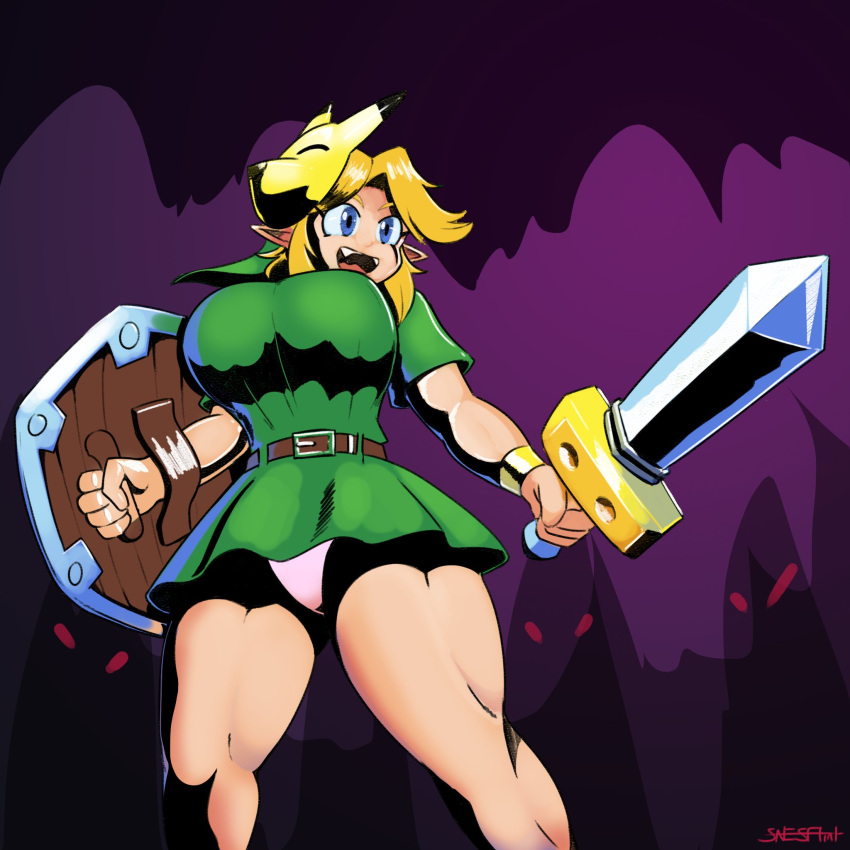 1girls aged_up alternate_version_available big_breasts link majora's_mask pantyshot pantyshot_(standing) rule_63 snesflint solo_female tagme the_legend_of_zelda young_link