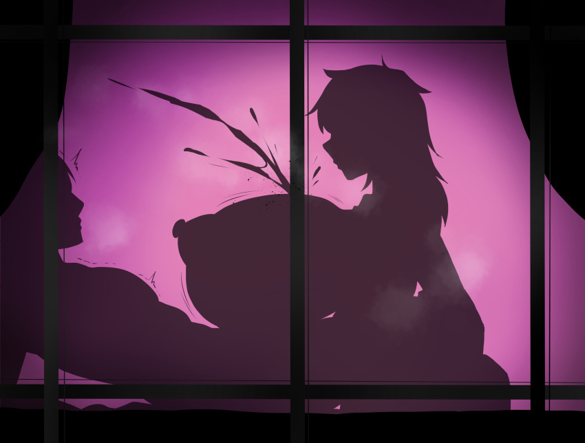 1boy 1girls arc arc_the_lad breasts breath cum cumshot curtains ejaculation female huge_breasts kukuru large_breasts male motion_lines nipples on_bed paizuri short_hair shoulder_length_hair silhouette silhouette_sex silhouetted_body silhouetted_penis silhouettes steam wall window yukichi100yu