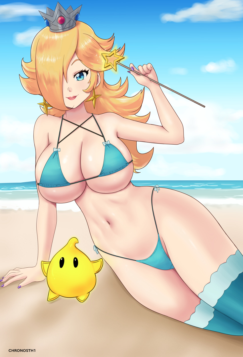 1girls beach big_breasts bikini blonde_hair blue_eyes breasts crown deviantart fanbox_reward female gummslime gumroad huge_breasts large_breasts long_hair luma mario_(series) one_eye_covered patreon princess_rosalina swimsuit tagme thick_thighs thighhighs wand