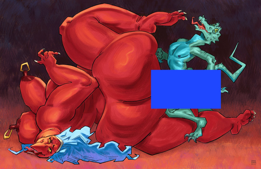 2022 accessory anthro ass avian big_breasts big_butt blue_hair breasts censor_bar censored claws cross-eyed dinosaur drawing duo dyna_soar female green_body hair hand_on_butt headband hi_res huge_butt implied_orgasm larger_female lizard lying male male/female nipple_piercing nipple_ring nipples obese obese_female on_side open_mouth overweight overweight_female painting piercing raised_leg rear_view red_body reptile scalie sex signature simple_background sitting_on_leg size_difference skinny_male skinny_tail smaller_male thick_thighs tongue tongue_out toony vulture_demoness yellow_eyes