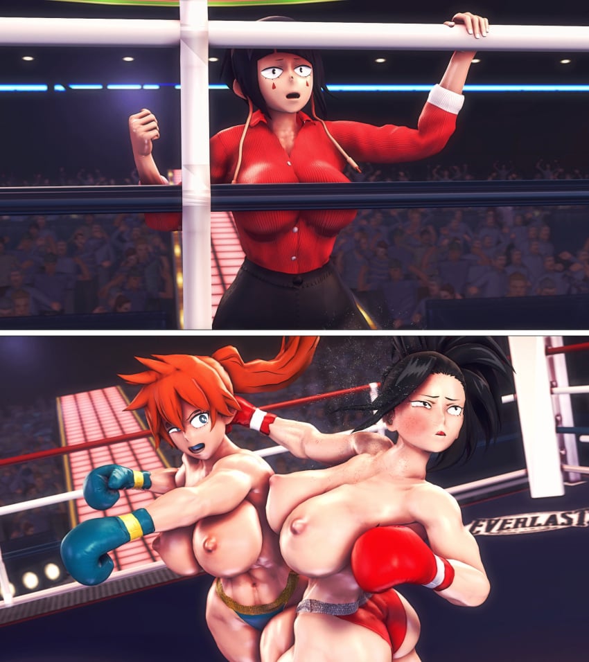 2_panel_comic 3d 3d_(artwork) 3girls abs alternate_breast_size arena ass background_characters big_ass big_breasts big_butt big_thighs black_eyes black_hair boxing boxing_gloves boxing_ring breasts butt curvy female female_focus fight fighting_ring gloves griffanz half-closed_eye itsuka_kendou jirou_kyouka kendou_itsuka kyoka_jiro light-skinned_female light_skin momo_yaoyorozu mouthguard multiple_girls my_hero_academia nipples orange_hair panties punch red_boxing_gloves red_gloves swing_punch teal_boxing_gloves teal_eyes teal_gloves thick thick_ass thick_butt thick_hips thick_thighs thighs tied_hair topless topless_boxing wide_hips