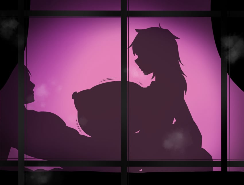 1boy 1girls arc arc_the_lad breasts breath curtains female huge_breasts kukuru large_breasts male motion_lines nipples on_bed paizuri short_hair shoulder_length_hair silhouette silhouette_sex silhouetted_body silhouetted_penis silhouettes steam wall window yukichi100yu