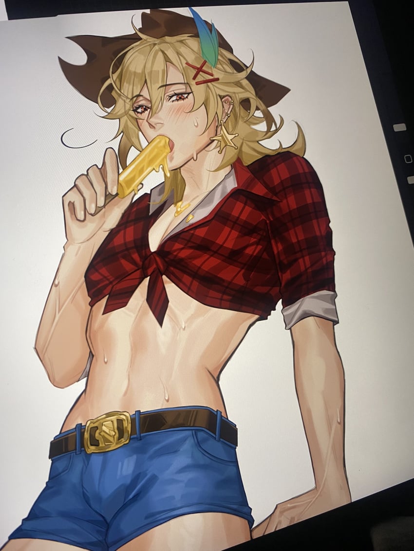 blonde_hair blonde_male blush blush_lines booty_shorts clothing cowboy_hat cowgirl_outfit earrings exposed_stomach eyelashes femboy genshin_impact hairclip human kaveh_(genshin_impact) long_eyelashes long_hair pale_skin popsicle red_eyes shesofyee shorts sucking sucking_popsicle sweat sweatdrop sweating thin_waist twink yaoi