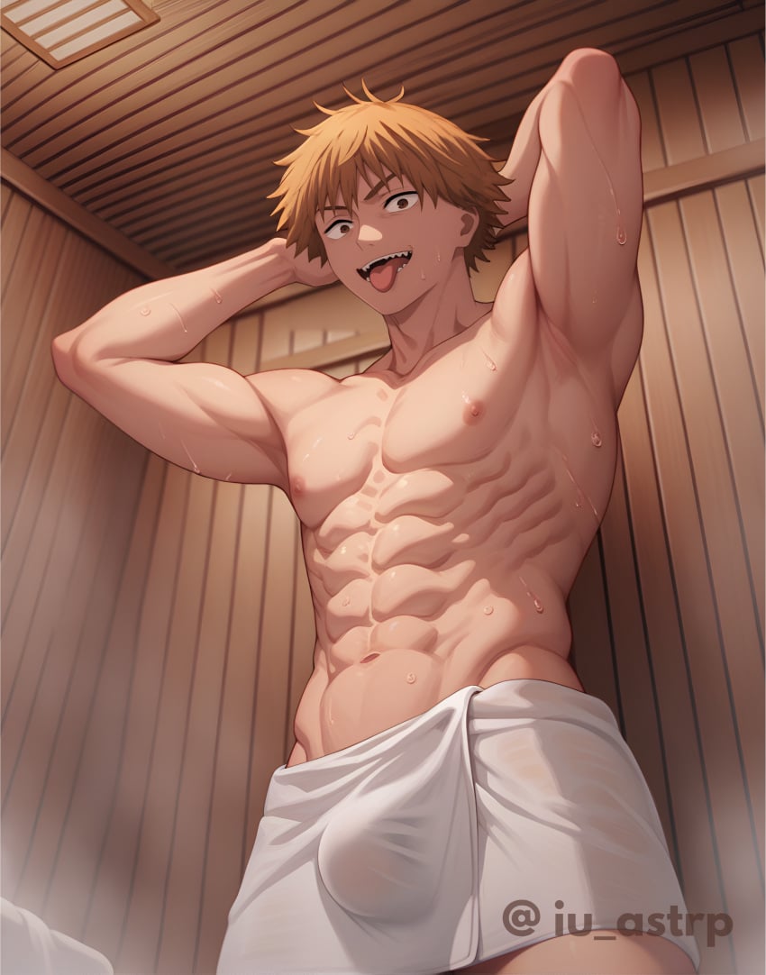 abs ai_generated arms_up blonde_hair brown_eyes bulge bulge_through_clothing chainsaw_man denji_(chainsaw_man) from_below front_view gay hands_behind_head iu_astrp looking_at_viewer looking_down looking_down_at_viewer low-angle_view male muscular muscular_male nipples pectorals sauna smirk smirking solo stable_diffusion sticking_out_tongue tongue_out towel towel_only yaoi