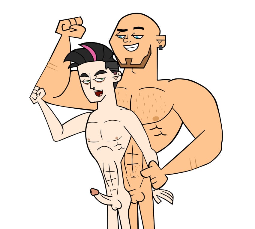 2boys anal anal_sex bald bald_man bara beard black_hair blue_eyes gabriel_(odisea_del_drama) gay green_eyes hairy_chest light-skinned_male light_skin looking_at_another maikol_(odisea_del_drama) muscle muscles muscular muscular_male odisea_del_drama pink_streak skinny toony white_background