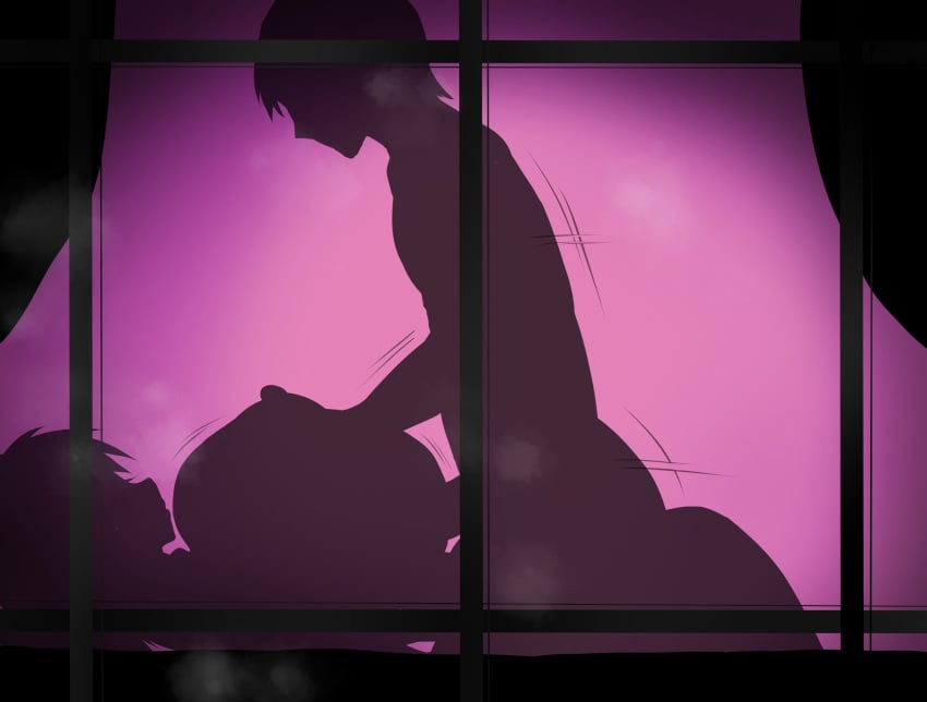 1boy 1girls arc arc_the_lad breast_grab breast_squeeze breasts breath curtains female huge_breasts kukuru large_breasts lying male motion_lines nipples on_bed paizuri short_hair shoulder_length_hair silhouette silhouette_sex silhouetted_body silhouetted_penis silhouettes steam straddling_paizuri wall window yukichi100yu