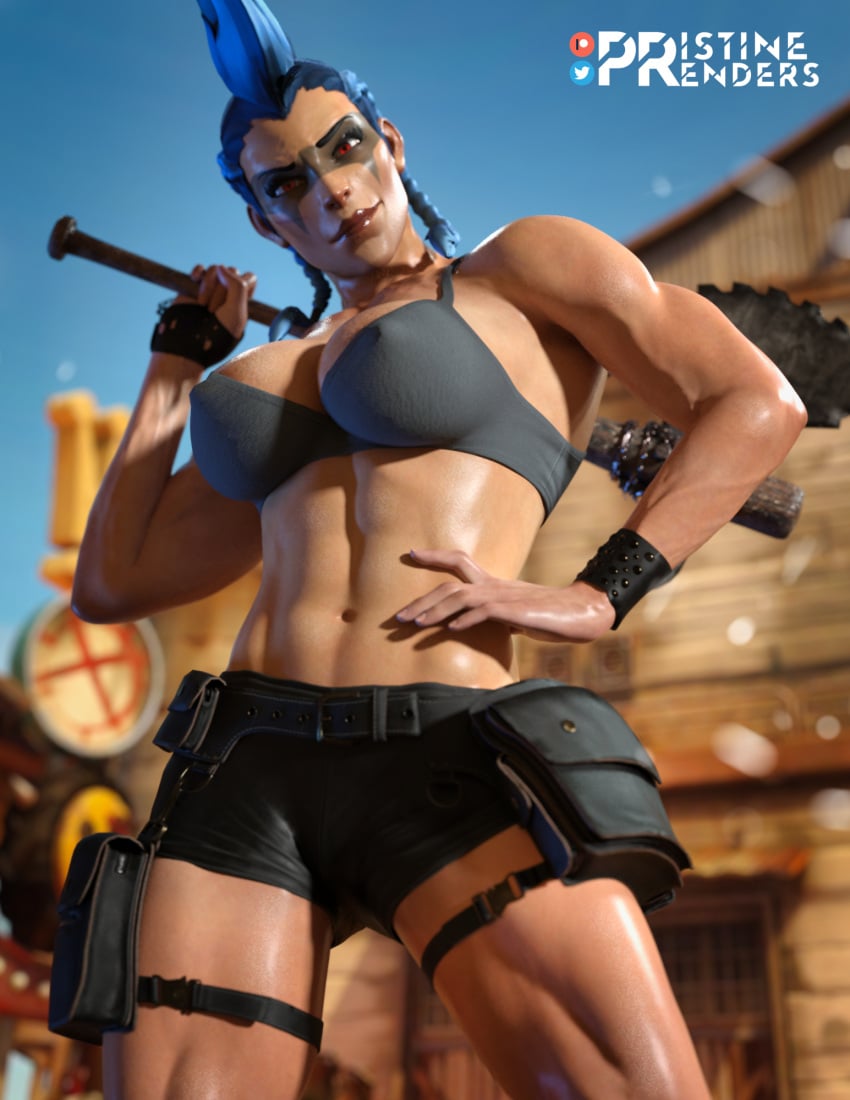 1girls 3d areola_slip baseball_bat big_breasts black_nails blizzard_entertainment blue_hair braided_hair breasts earrings fauxhawk_(hairstyle) female female_only fingerless_gloves fit fit_female human junker_queen large_breasts looking_at_viewer muscular muscular_female odessa_stone overwatch overwatch_2 piercing pose posing pristinerenders red_eyes shorts solo tank_top thick_thighs toned toned_female underboob wide_hips