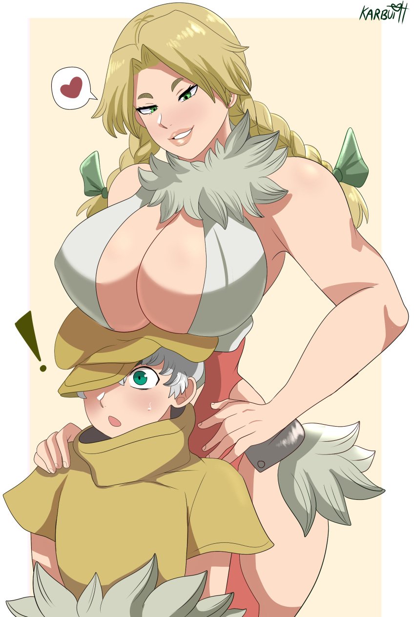 ! 1boy 1girls 2023 big_breasts blonde_hair blush boob_hat breasts_bigger_than_head breasts_on_head dr.stone female from_behind green_eyes hair_ribbon hanada_nikki heart height_difference inner_sideboob karbuitt long_hair male pink_background saionji_ukyo shocked shocked_expression smiling spoken_heart twin_braids very_high_resolution white_background white_hair