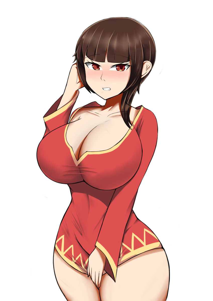 1girls 2022 aged_up allbeatnik big_breasts blush bottomless brown_hair cleavage female female_only kono_subarashii_sekai_ni_shukufuku_wo! looking_at_viewer megumin red_eyes smiling smiling_at_viewer solo teeth_clenched thick_thighs very_high_resolution white_background