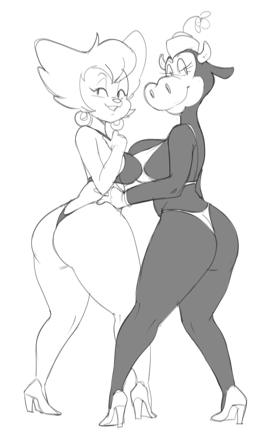 2024 2_horns 2girls anthro ass bedroom_eyes bent_arm big_breasts big_butt big_eyes big_snout bikini biped black_and_white bovid bovine breast_size_difference breasts bulging_breasts cattle clarabelle_cow closed_smile clothed clothed_anthro clothed_female clothing countershade_face countershading curved_eyebrows dark_body dbaru digital_drawing_(artwork) digital_media_(artwork) disney duo ear_piercing ear_ring eyebrows eyelashes felid female female/female female_only fingers flower footwear gloves goof_troop hair hand_on_another's_hip hand_on_hip handwear hat head_turned headgear headwear hi_res high_heels hoop_ear_ring horn humanoid_hands light_body light_hair long_eyelashes looking_at_viewer looking_back looking_back_at_viewer mammal mature_anthro mature_female milf monochrome mouth_closed narrowed_eyes peg_pete piercing plant pose rear_view ring_piercing seductive short_hair skimpy skimpy_bikini skimpy_swimwear smile smiling_at_viewer snout standing straight_leg swimwear thick_thighs thin_eyebrows