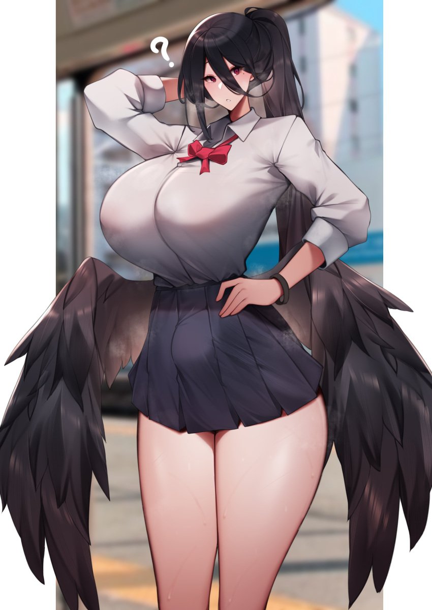 1futa big_breasts black_hair blue_archive breasts bulge bulge_through_clothing busty clothed clothing dark_hair flaccid fully_clothed futa_only futanari hand_on_hip hasumi_(blue_archive) hip_wings huge_breasts humanoid justice_task_force_(blue_archive) large_breasts light-skinned_futanari light_skin long_hair long_ponytail nipple_bulge penis_bulge ponytail short_skirt skirt solo standing steam thick thick_thighs thighs trinity_general_school_student unbeller wings