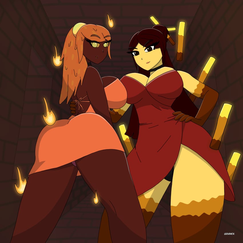 2girls azurexarts bedroom_eyes bikini blaze blaze_(minecraft) bra brown_eyes brown_hair dress female female_only gloves lingerie magma_cube minecraft nether nude orange_eyes orange_hair panties red_body stockings tagme thick_thighs thighhighs upskirt yellow_body