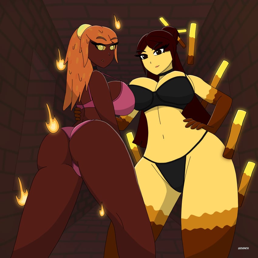 2girls azurexarts bedroom_eyes bikini blaze blaze_(minecraft) bra brown_eyes brown_hair dark-skinned_female dark_skin female female_only lingerie magma_cube minecraft nether nude orange_eyes orange_hair panties red_body stockings tagme thick_thighs yellow_body