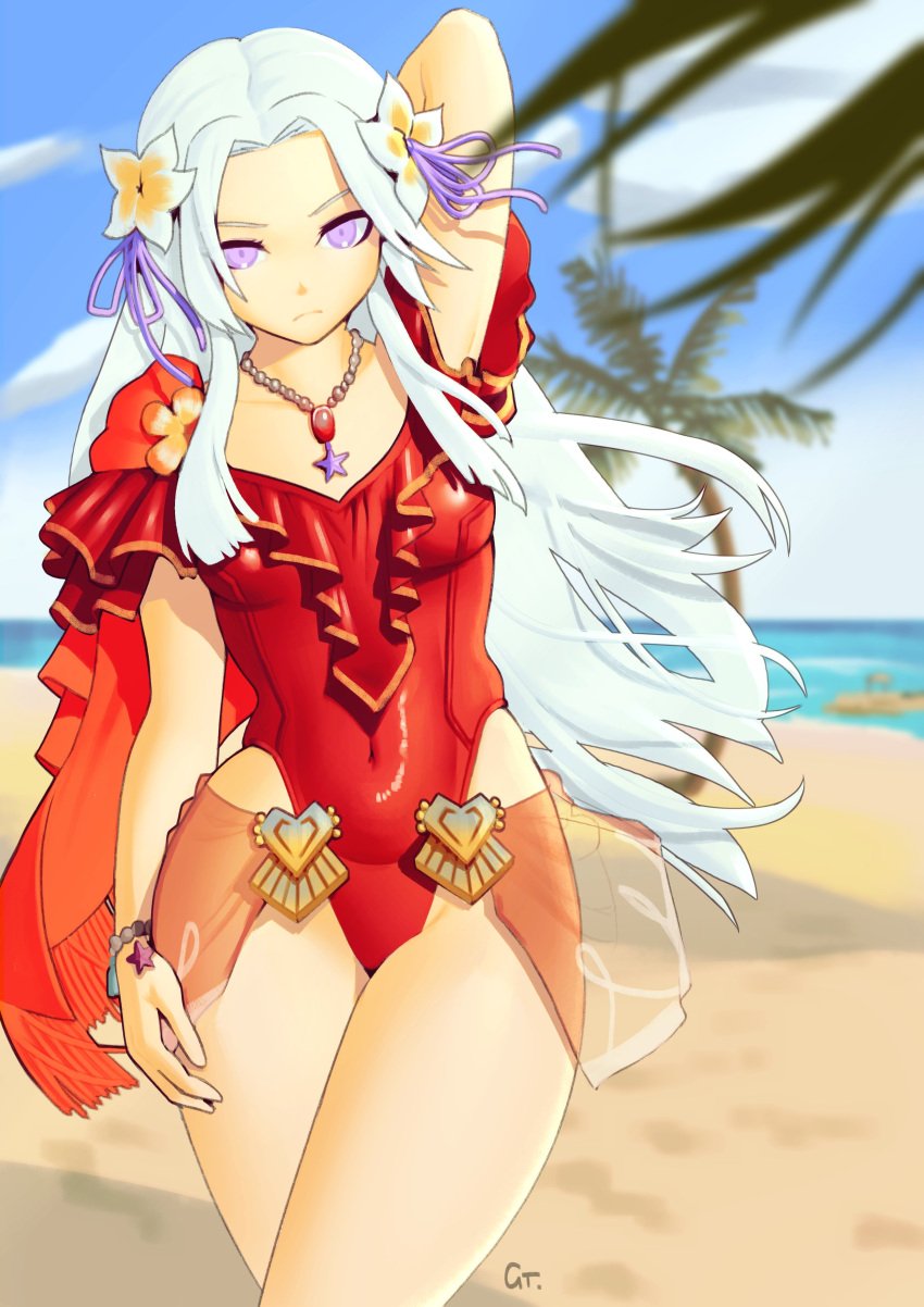 1girls absurdres alternate_costume arm_behind_head beach blue_sky blurry blurry_background breasts closed_mouth cloud commentary covered_navel edelgard_von_hresvelg edelgard_von_hresvelg_(summer) english_commentary feet_out_of_frame female female female_only fire_emblem fire_emblem:_three_houses fire_emblem_heroes flower frills ghostypaint hair_flower hair_ornament highres horizon jewelry leotard long_hair necklace nintendo ocean official_alternate_costume one-piece_swimsuit outdoors palm_tree purple_eyes red_leotard red_one-piece_swimsuit red_swimsuit sky small_breasts solo standing swimsuit tree very_long_hair white_hair