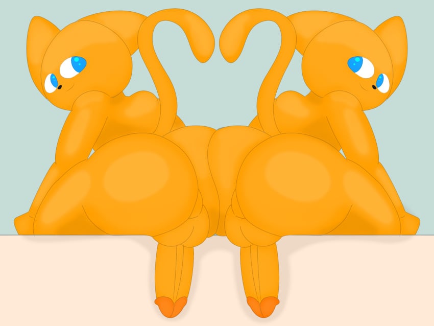 alpog21_(artist) anthro ass ass_to_ass balls big_butt black_nose blue_eyes digital_media_(artwork) domestic_cat duo erection felid feline felis genitals hi_res male male/male mammal nude orange_body orange_ears orange_head orange_penis orange_tail penis raised_tail sibling simple_background sitting small_nose smile trod twins