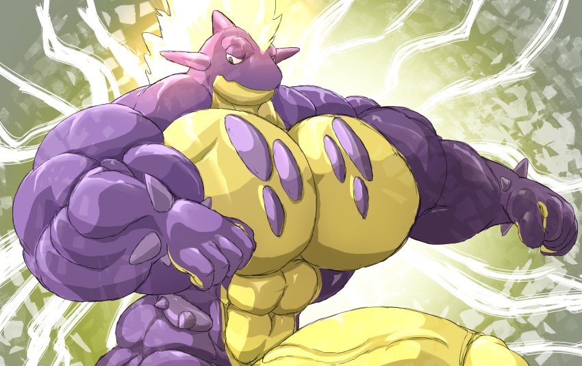 2021 5_fingers anthro big_muscles big_pecs big_penis blonde_hair countershading electric_waves erection fingers fist generation_8_pokemon genitals glowing glowing_hair hair hi_res huge_cock huge_muscles huge_pecs humanoid_genitalia humanoid_penis hyper hyper_genitalia hyper_muscles hyper_pecs hyper_penis koa_(toxtricity) looking_at_viewer male muscular nintendo nude panscolipede pecs penis pokemon pokemon_(species) purple_body smile solo toxtricity vein veiny_penis yellow_body yellow_countershading yellow_penis