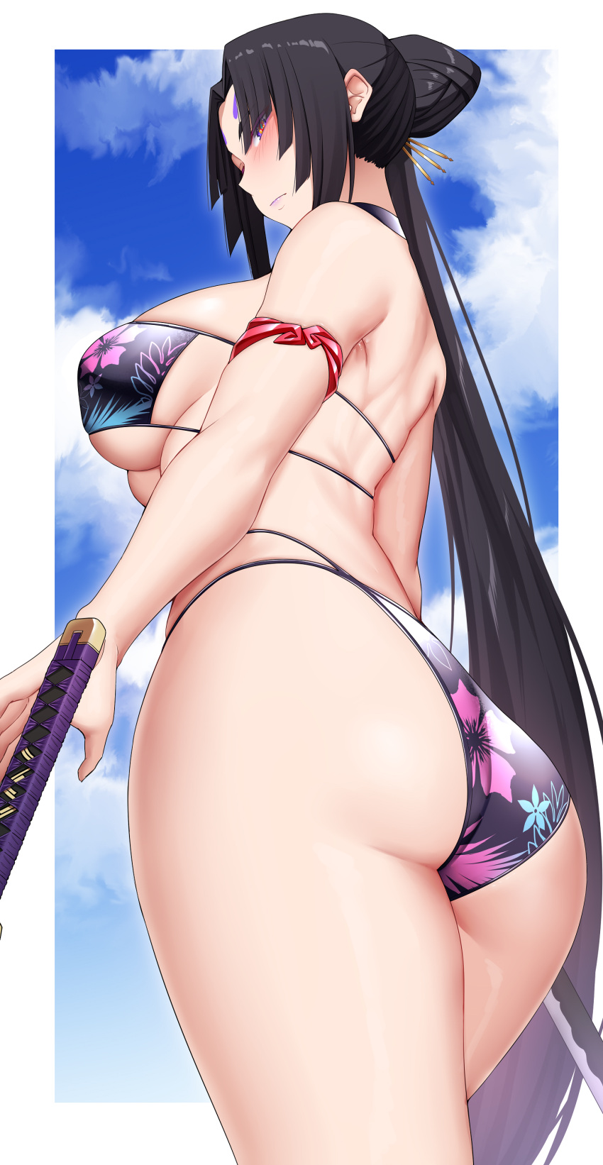 1girls alternate_breast_size arind_yudha ass bikini black_hair breasts dat_ass eyepatch_bikini fate/grand_order fate_(series) female hi_res huge_ass huge_breasts light-skinned_female light_skin long_hair naughty_face taira_no_kagekiyo_(fate)