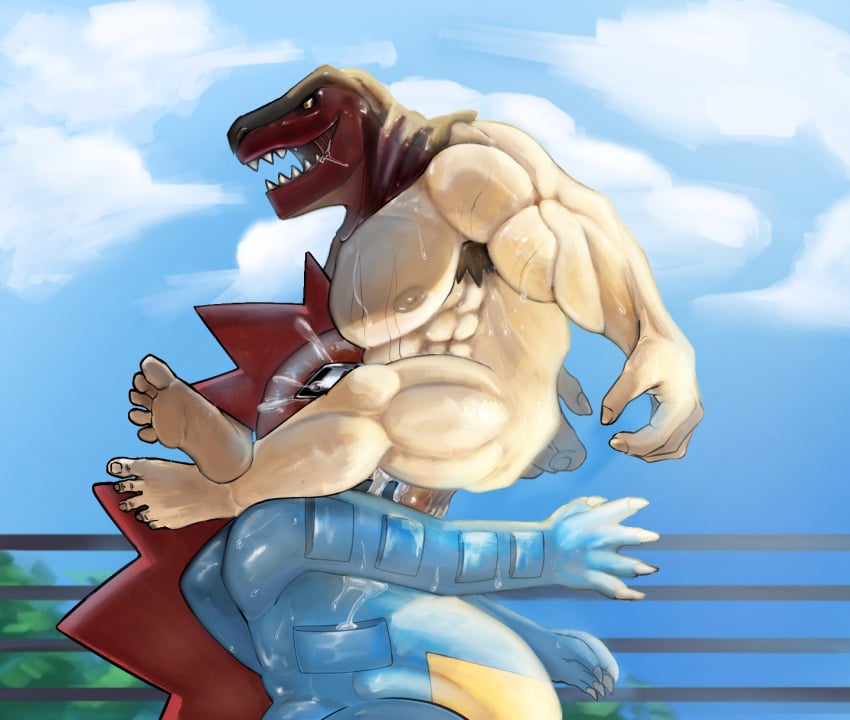 2boys alligator alligatorid arena balls bara bodily_fluids cloud crocodilian crossover cum cum_in_mouth cum_inside cum_on_face deep_throat dinosaur duo face_hugging face_mounting fatal_fury feral feraligatr fight fighting_ring gay generation_2_pokemon genital_fluids genitals hi_res human humanoid king_of_dinosaurs king_of_fighters lil_gardon male male/male male_only mammal muscular muscular_male nintendo oral oral_penetration penetration plant pokemon pokemon_(species) reptile scalie snk tears tizoc tree video_games wrestling yaoi