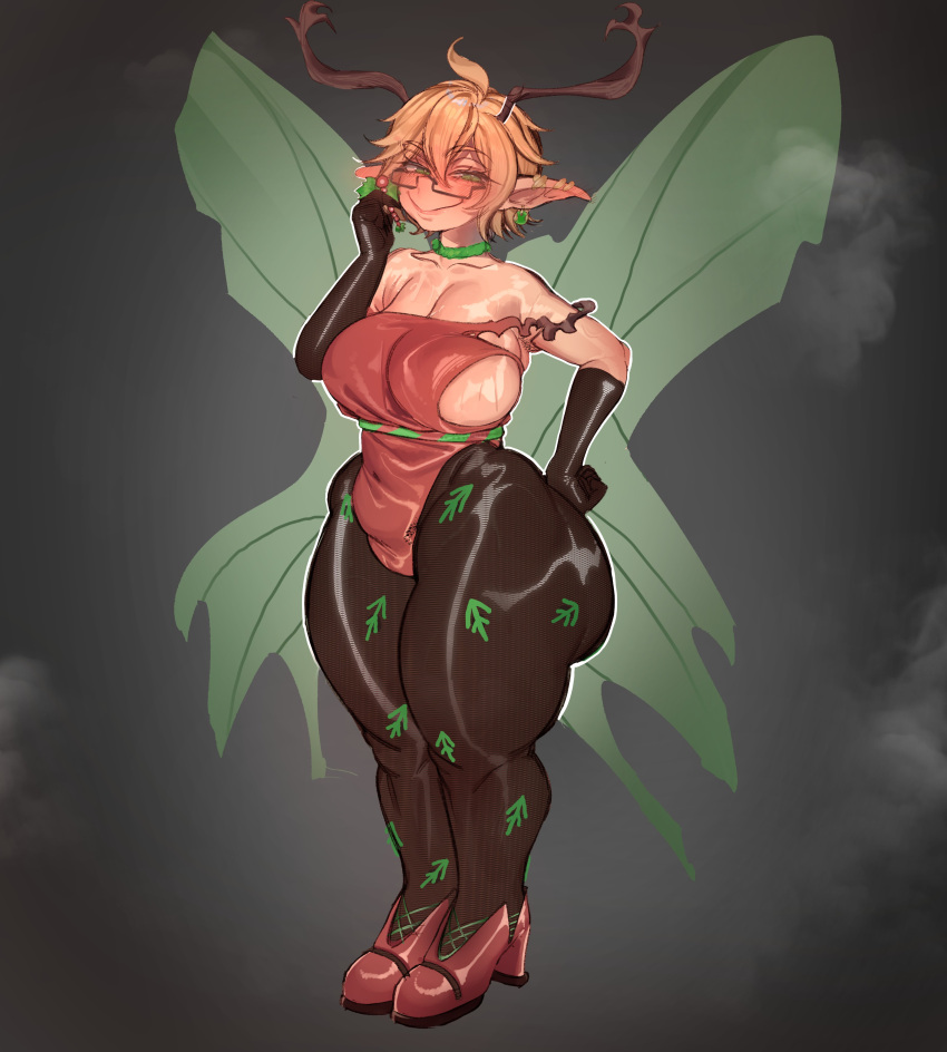 1girls antlers blush breasts bulge bulge_through_clothing clothed clothing curvy curvy_female curvy_figure elf elf_ears elf_female fairy female female_only fully_clothed high_heels hourglass_figure huge_ass humanoid inviting large_penis light-skinned_female light_skin looking_at_viewer pov seruroku sideboob smug solo standing talking_to_viewer thick_thighs torn_clothes veiny_penis wide_hips wings