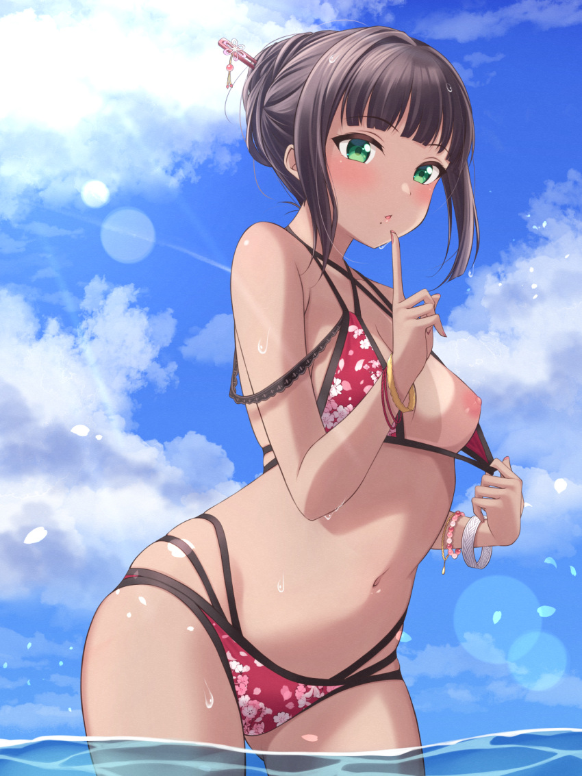 alternate_hairstyle bikini bikini_tan bikini_top_aside black_hair blue_sky breasts cloud commentary_request female finger_to_own_chin floral_print green_eyes hair_bun hair_ornament hair_stick hair_up highres kurosawa_dia long_hair looking_at_viewer love_live! love_live!_sunshine!! medium_breasts mobukichi mole mole_under_mouth multi-strapped_bikini multiple_bracelets navel ocean one_breast_out open_mouth partially_submerged print_bikini pulled_by_self red_bikini sidelocks sky solo sunlight swimsuit tan tanlines wet