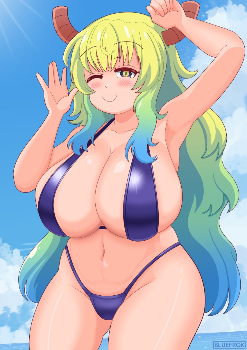 1girls big_breasts bikini bikini_bottom bikini_top black_bikini blonde_hair bluefrok blush bottomwear breasts cleavage female female_only hair hips horns huge_breasts large_breasts long_hair mature mature_female mature_woman micro_bikini miss_kobayashi's_dragon_maid one_eye_closed quetzalcoatl_(dragon_maid) smile solo solo_female swimwear thighs topwear two_tone_hair wink winking yellow_eyes