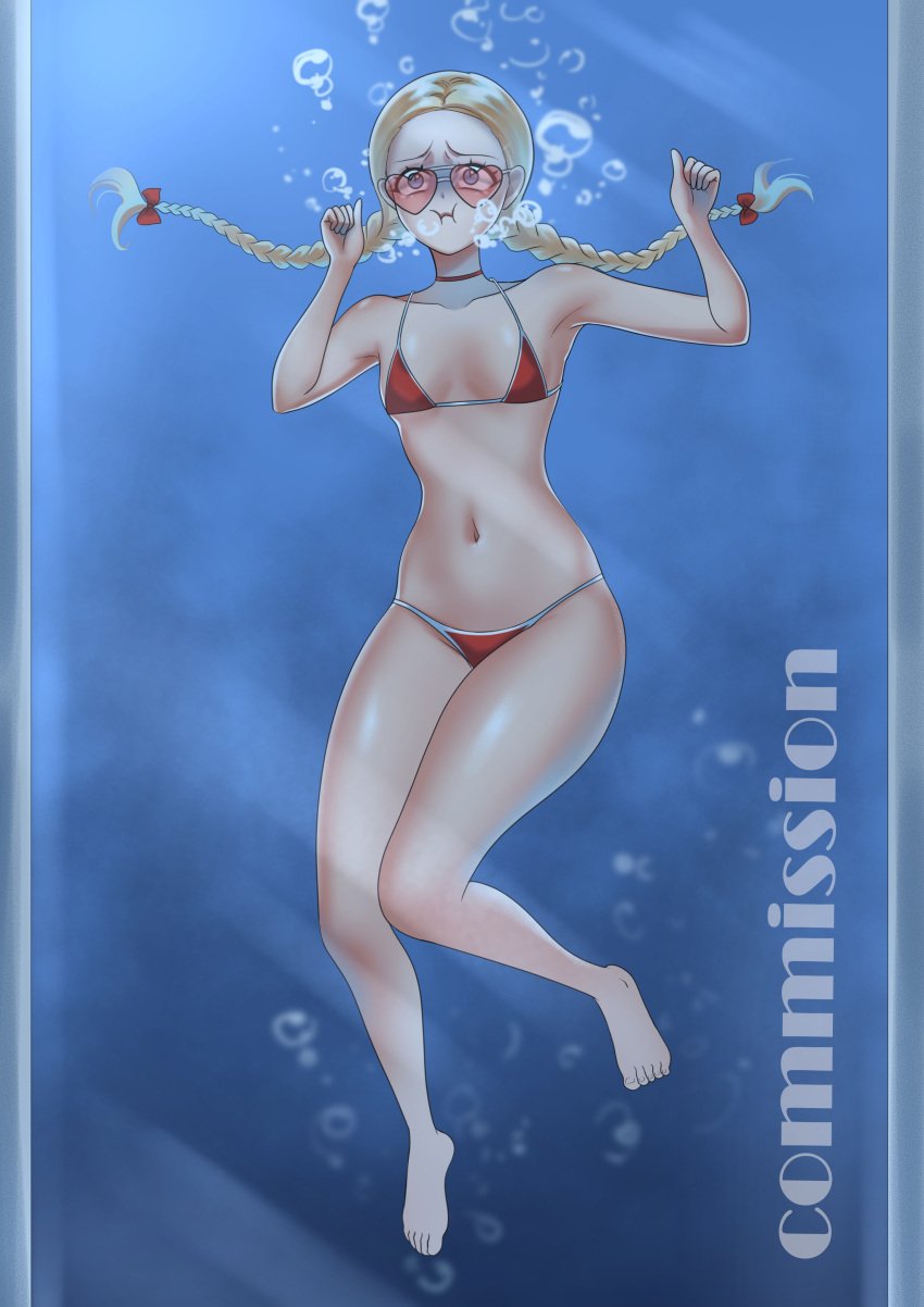 asphyxiation bikini blonde_hair blue_eyes braided_hair braided_twintails braids choker collarbone drowning female flat_chest glasses heart-shaped_sunglasses heathcliff_(artist) navel original original_character peril red-tinted_eyewear ribbon ribbons sunglasses thick_thighs tinted_eyewear twintails underwater water_tank