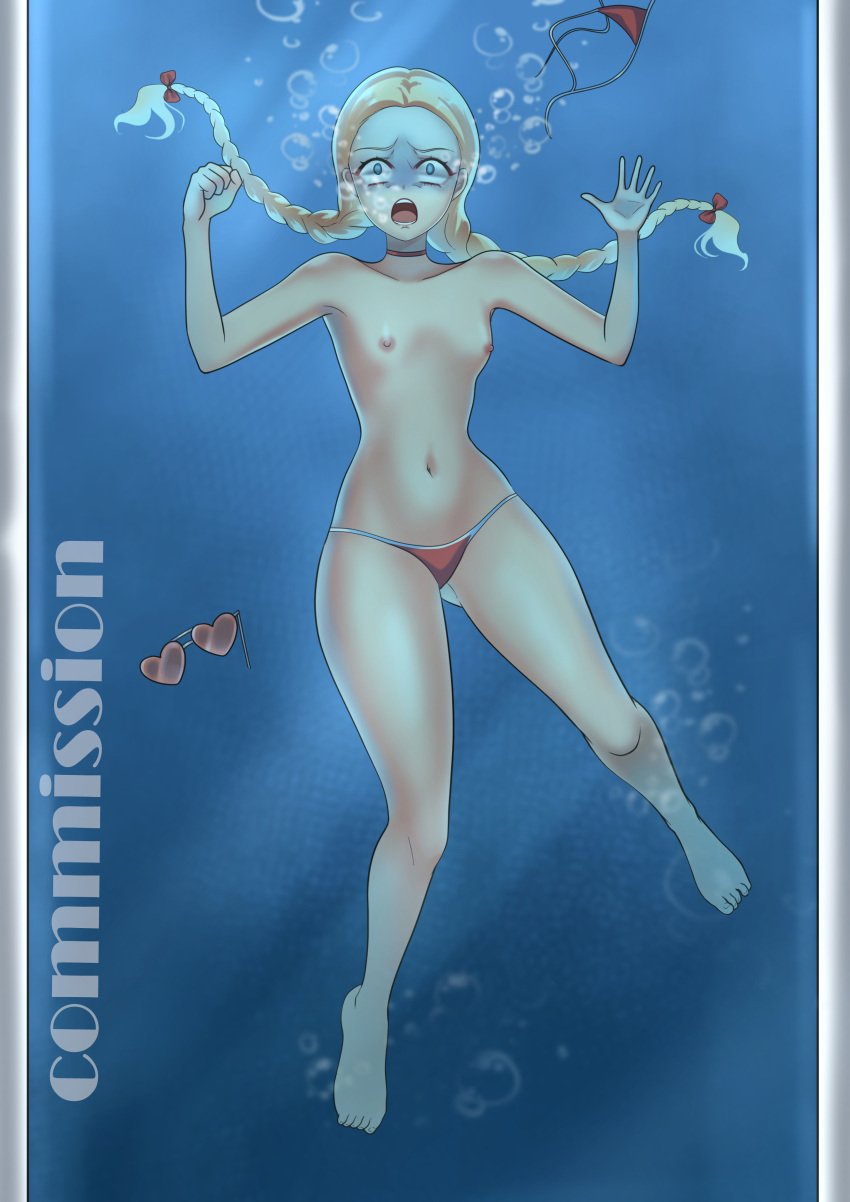 asphyxiation bikini bikini_bottom bikini_top blonde_hair blue_eyes braided_hair braided_twintails braids choker collarbone drowning eyewear_removed female flat_chest glasses heart-shaped_sunglasses heathcliff_(artist) imminent_death navel nipples original original_character peril ribbon ribbons sunglasses sunglasses_removed thick_thighs topless twintails underwater water_tank