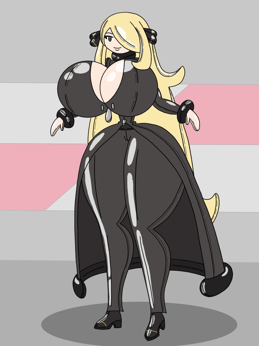 big_breasts blonde_hair cynthia_(pokemon) dollification gold500050 grey_eyes huge_breasts huge_hips inflatable inflatable_transformation living_inflatable pokemon pokemon_dppt rubberization tiny_waist transformation wide_hips