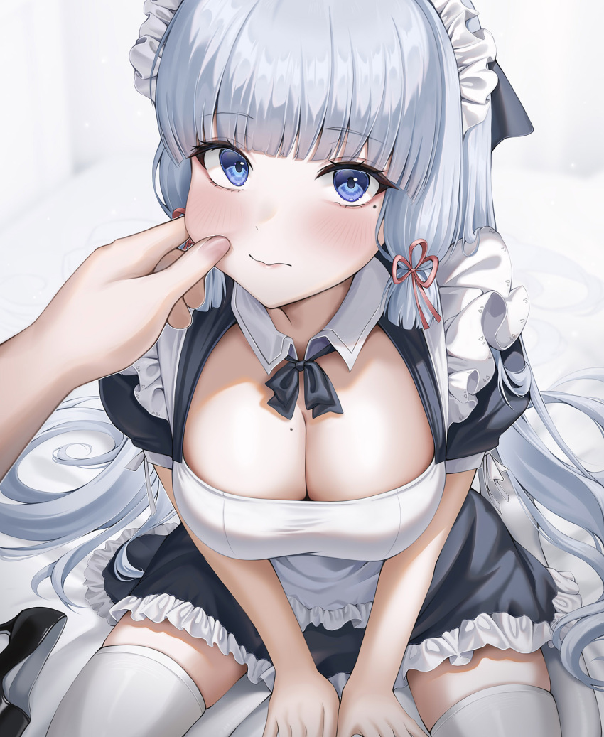 1girls blue_eyes blush breasts cheek_pinch cleavage eye_contact genshin_impact kamisato_ayaka large_breasts looking_at_viewer maid maid_apron maid_headdress maid_uniform mole mole_on_breast pov thighhighs white_hair wol_(wol_927)