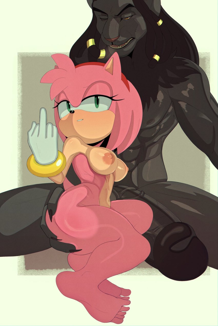 1boy 1girls 2d 2d_(artwork) a_name_for_me amy_rose areolae belly_button big_balls big_breasts black_body black_penis breasts bubble_ass bubble_butt feet green_eyes half-closed_eyes hand_on_ass hereapathy huge_ass huge_breasts huge_cock large_breasts male/female middle_finger naked_female nipples nude_female pink_hair profanity rude sega sonic_(series) sonic_the_hedgehog_(series) straight