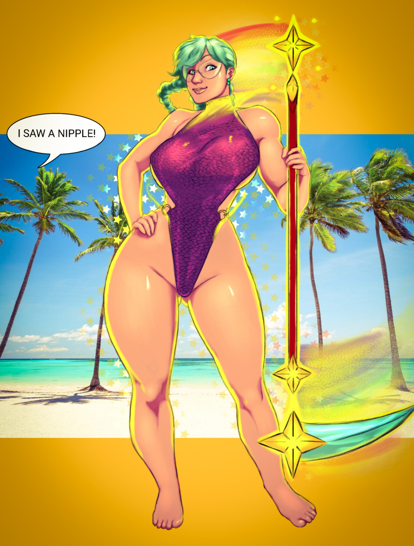 1girls beach braid braided_hair brawlhalla english english_text fait_(brawlhalla) feet female full_body green_hair leotard nakedalexis rainbow solo_female speech_bubble staff swimsuit