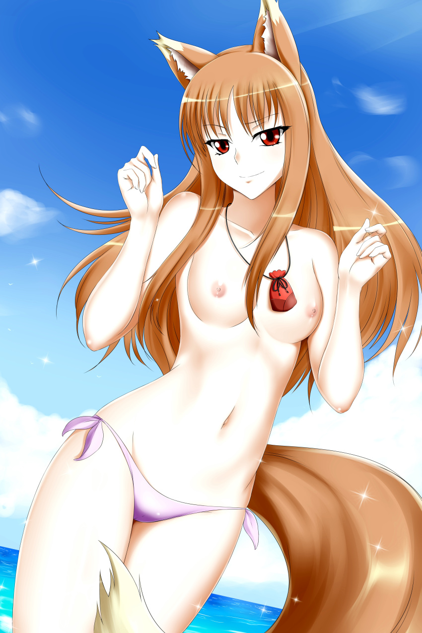 1girls animal_ears bikini_bottom breasts holo kimmy77 looking_at_viewer nipples pouch red_eyes small_breasts spice_and_wolf standing_in_water swimsuit topless wolf_ears wolf_girl wolf_tail