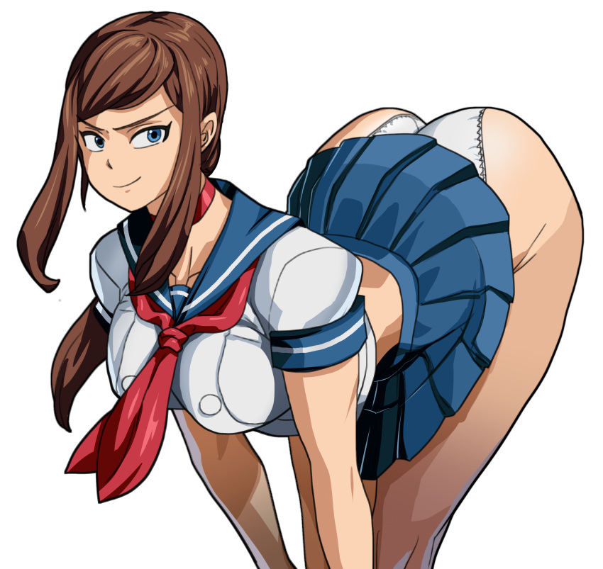 1girl 1girls 2020s 2024 bent_over blue_bottomwear blue_eyes brown_hair confidence confident confident_smile dudette female female_only front_view hands_on_legs kamiyama light-skinned_female light_skin long_hair long_hair_female manga miniskirt moderate_tomboy oggy_(artist) panties reika sailor_uniform school_uniform schoolgirl skirt smile smiling smirk solo solo_female standing teenage_girl teenager tomboy two_tone_topwear two_tone_topwear_(blueandwhite) white_underwear