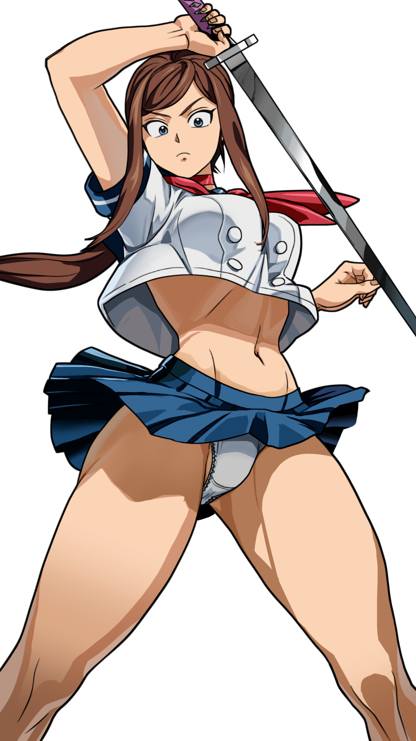 1girl 1girls 2020s 2024 blue_bottomwear blue_eyes brown_hair determined dudette female female_only front_view hands_on_legs legs_apart light-skinned_female light_skin long_hair long_hair_female manga miniskirt moderate_tomboy oggy_(artist) panties sailor_uniform school school_uniform schoolgirl serious skirt solo solo_female standing teenage_girl teenager tomboy two_tone_topwear two_tone_topwear_(blueandwhite) upskirt white_underwear