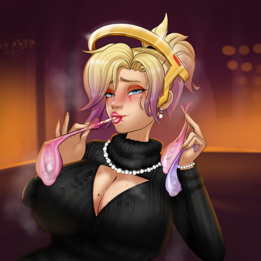 1girls blonde_hair cleavage_cutout dixieduckart fellatio_gesture looking_at_viewer mercy overwatch overwatch_2 solo sweater