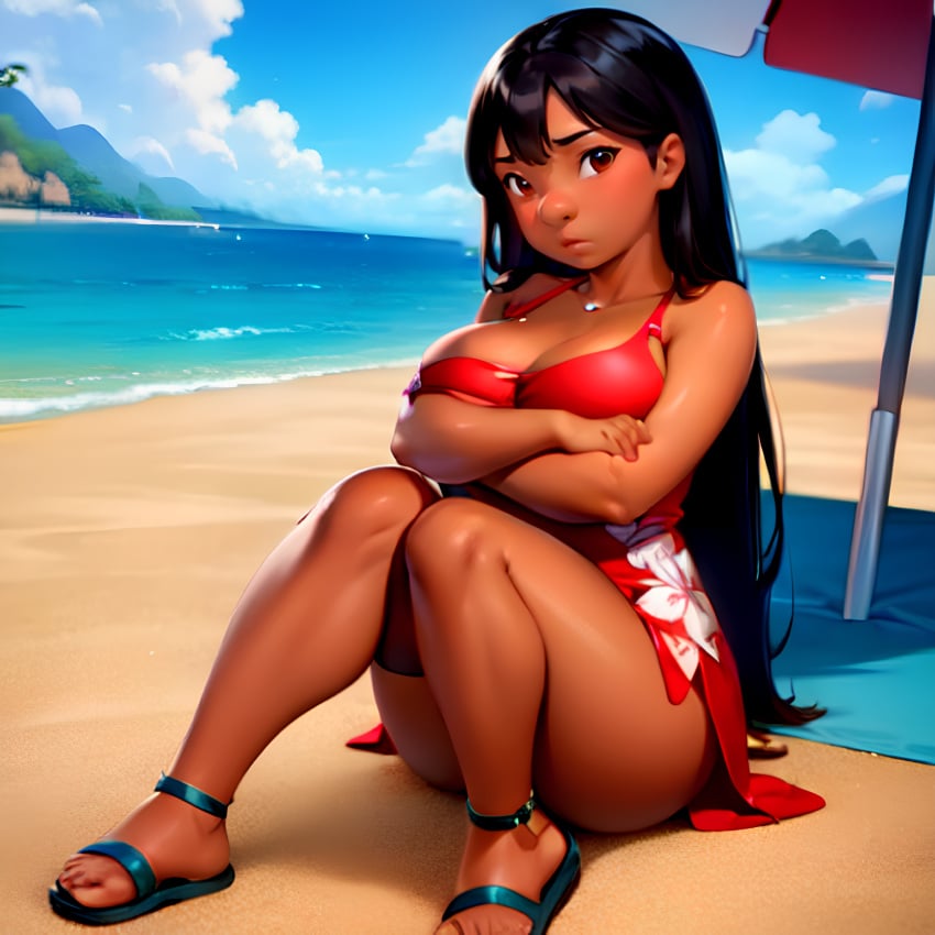 1girls aged_up ai_generated beach black_hair breasts brown_eyes clothing crossed_arms dark-skinned_female dark_skin disney eyebrows female female_focus hawaiian human large_breasts legs lilo_&_stitch lilo_and_stitch lilo_pelekai long_hair looking_to_the_side ocean sandals sitting sky solo solo_female solo_focus water younger_female