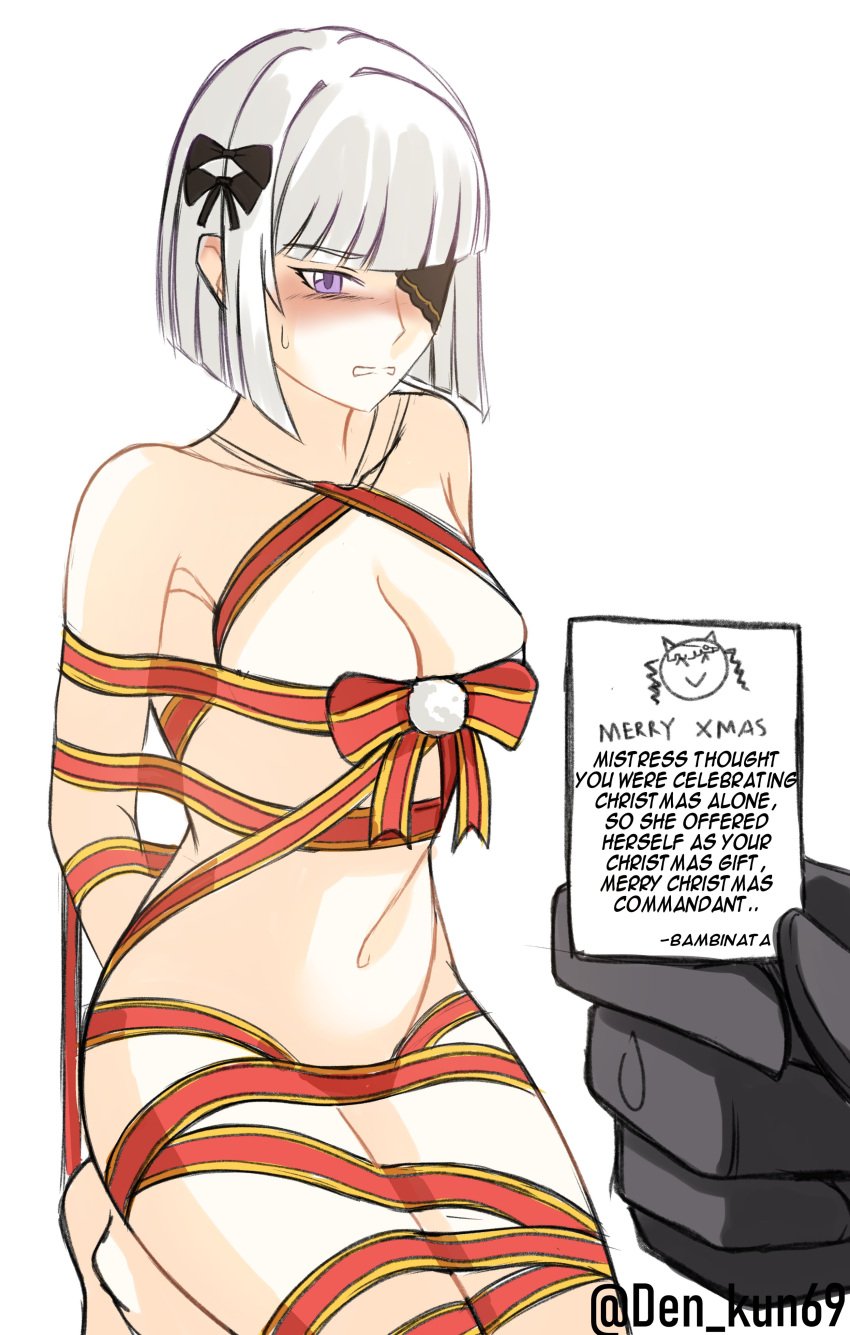 angry blush completely_nude eyepatch gift_wrapped medium_breasts nude punishing:_gray_raven purple_eyes ribbon short_hair text vanessa_(punishing:gray_raven) white_hair wrapped