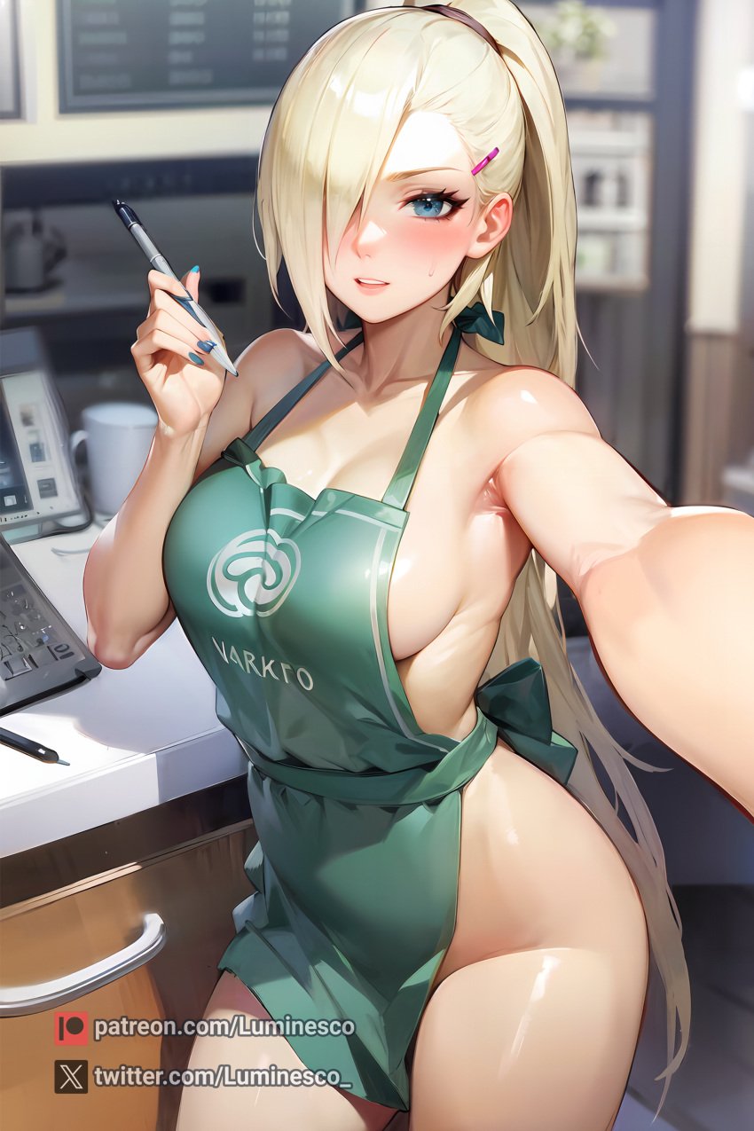 1girls ai_generated almost_naked apron apron_only barely_clothed barista big_breasts blonde_hair boruto:_naruto_next_generations breasts cafe cafeteria cash_register curvaceous hair_over_one_eye holding_object huge_breasts indoors ino_yamanaka light-skinned_female light_skin mature mature_female meme_attire milf mostly_nude nai_diffusion naked_apron naruto naruto:_the_last naruto_(series) naruto_shippuden no_bra no_panties patreon_username pen ponytail selfie shiny shiny_hair shiny_skin shop skindentation smooth_skin stable_diffusion starbucks taking_selfie tied_hair twitter_username url very_long_hair voluptuous watermark web_address