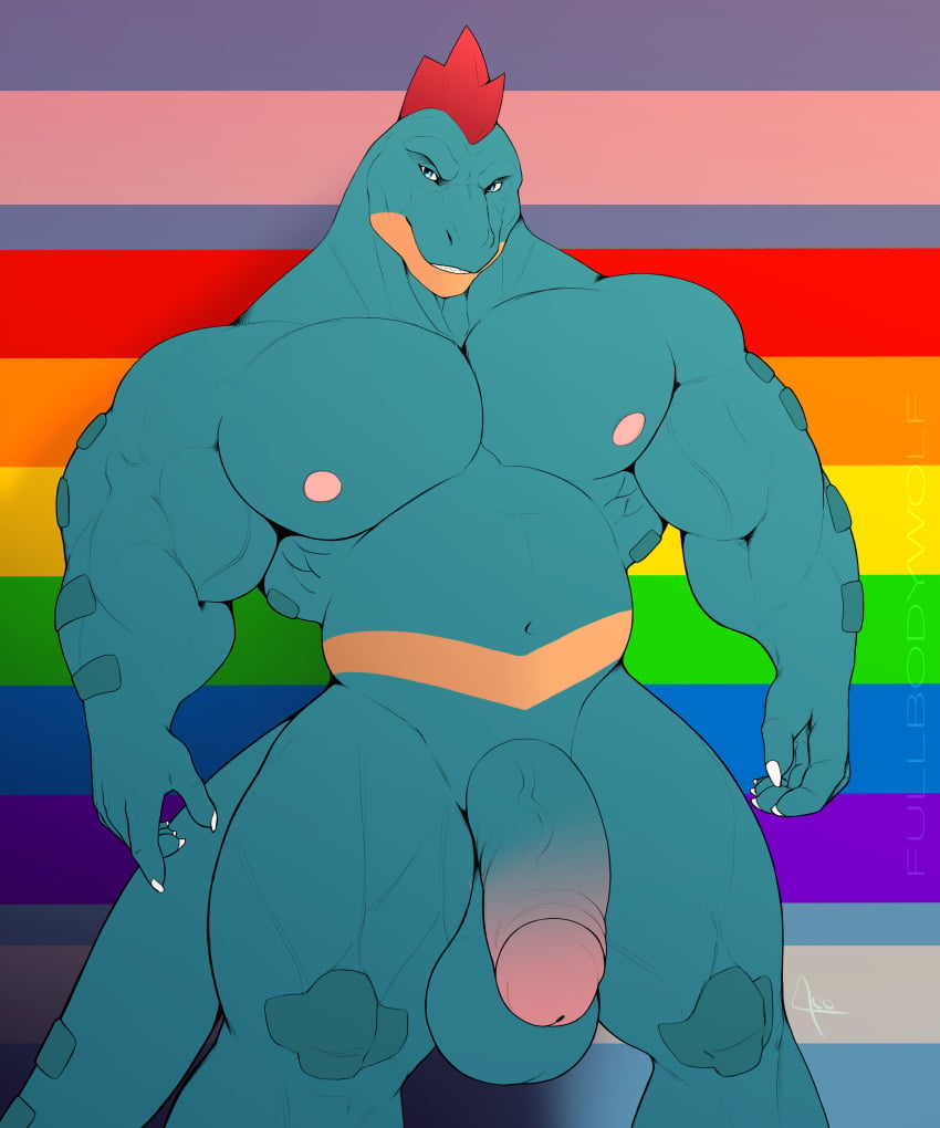 absurd_res anthro balls big_balls big_penis bubbaferaligatr bubbagatr crocodilian feraligatr flaccid fullbodywolf generation_2_pokemon genitals hi_res lgbt_pride male musclegut muscular nintendo nipples pecs penis pokemon pokemon_(species) pride_colors reptile saggy_balls scalie solo