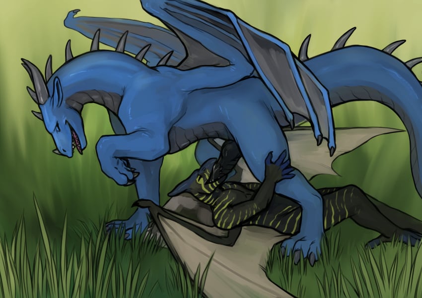 2021 ambiguous_gender anthro anthro_on_feral anthro_penetrated black_body black_penis blue_body claws closed_eyes dragon duo erection fellatio feral feral_penetrating feral_penetrating_anthro genitals grass hi_res horn knot looking_pleasured lying male on_back oral oral_penetration penetration penile penile_spines penis plant pteranodon pteranodontid pterosaur reptile scalie servicing_from_below sex simple_background size_difference sucking syrazor tail teeth tongue torakuta western_dragon wings zoophilia