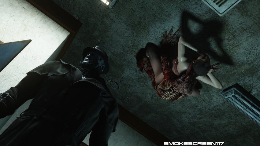 1girls 3d 3d_(artwork) brown_hair ceiling claire_redfield claire_redfield_(jordan_mcewen) covering_own_mouth hand_over_mouth hand_over_own_mouth hiding interspecies licker long_tongue male monster mr_x nude nude_female on_ceiling resident_evil resident_evil_2 resident_evil_2_remake sex smokescreen117 stealth_sex teenager tongue_wrap upside-down vaginal_penetration vaginal_sex